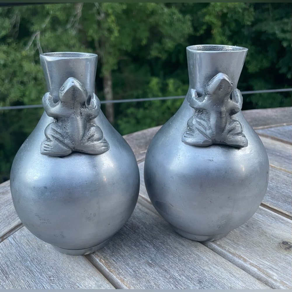 2 Silver Metal 3-D Frog Vases